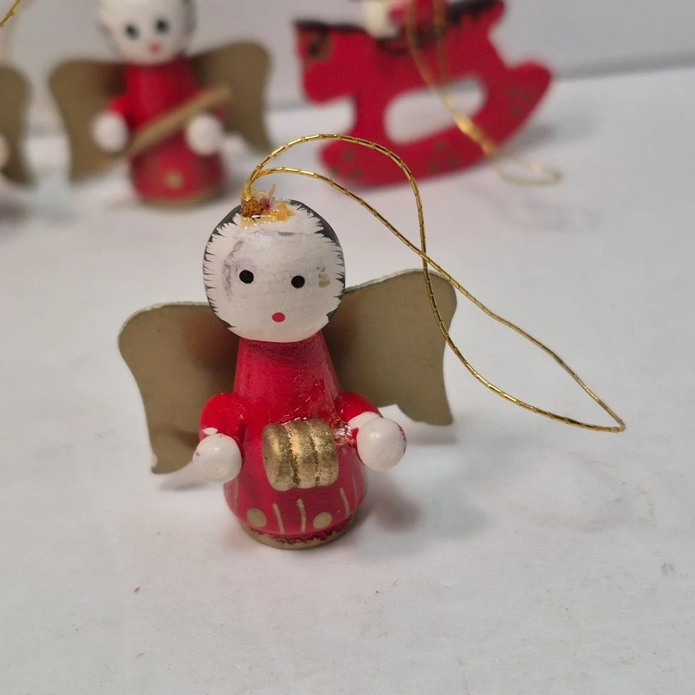 Vintage Miniature Angel Ornaments Lot Of 10 Mini Wooden Red Gold Christmas